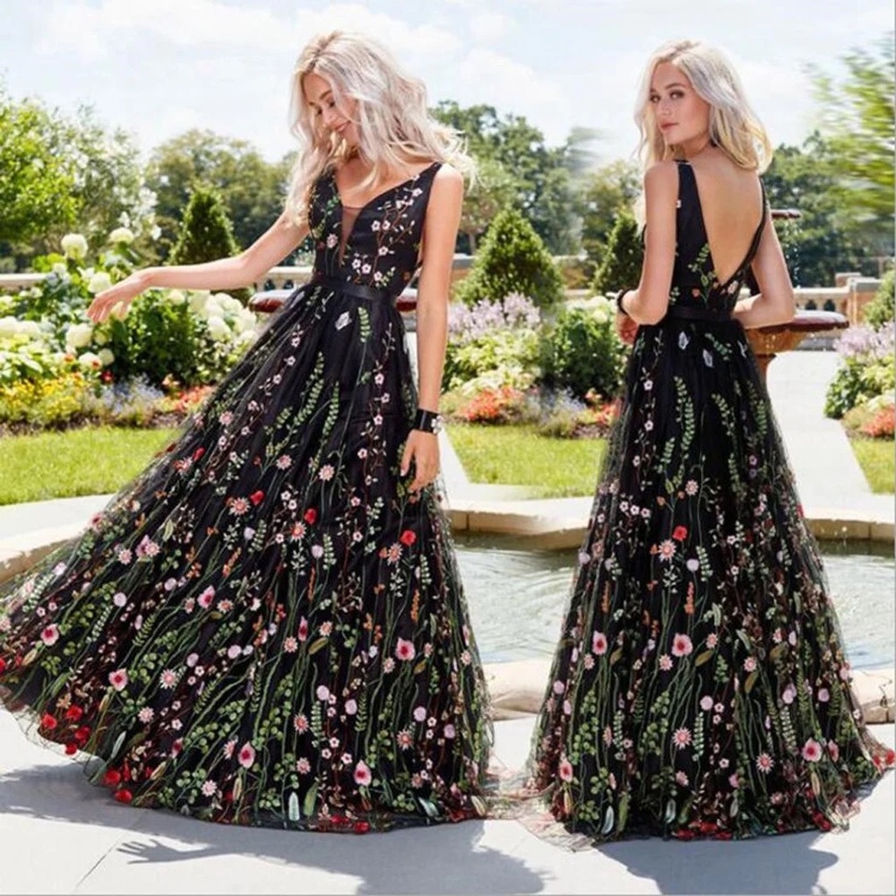 Floral Embroidered Black Formal Dress